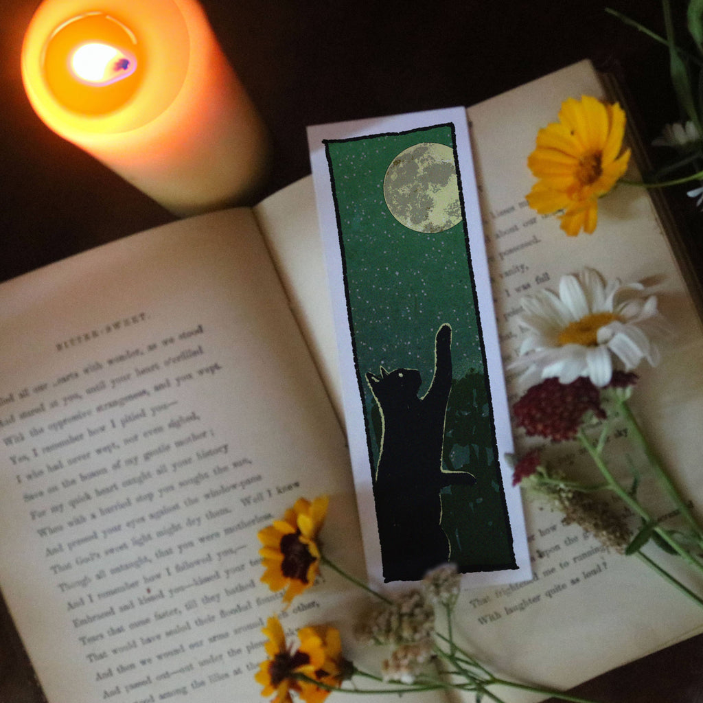 Catch the Moon – Curious Black Cat & Full Moon 2x6 Bookmark