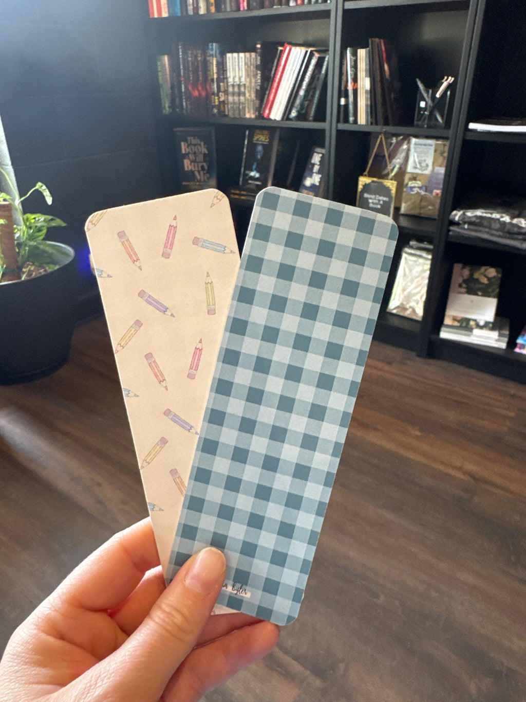 Double Sided Pencil Blue Checkered Bookmark
