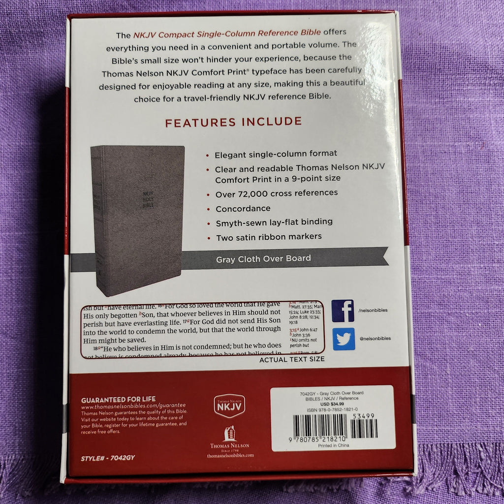 NKJV Comfort Print Compact Single-Column Reference Bible, Cloth Over Board, Gray