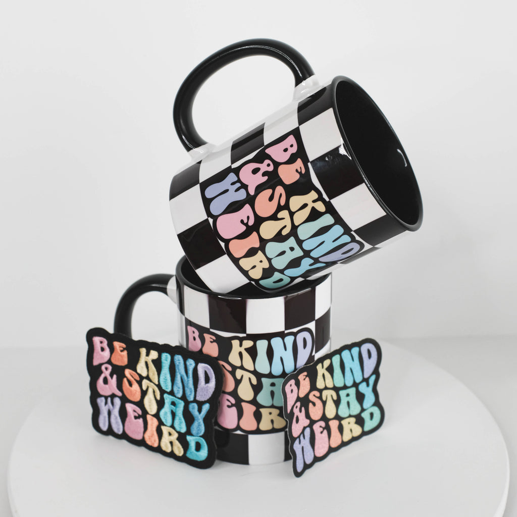 Be Kind & Stay Weird Rainbow Checkered Ceramic Mug