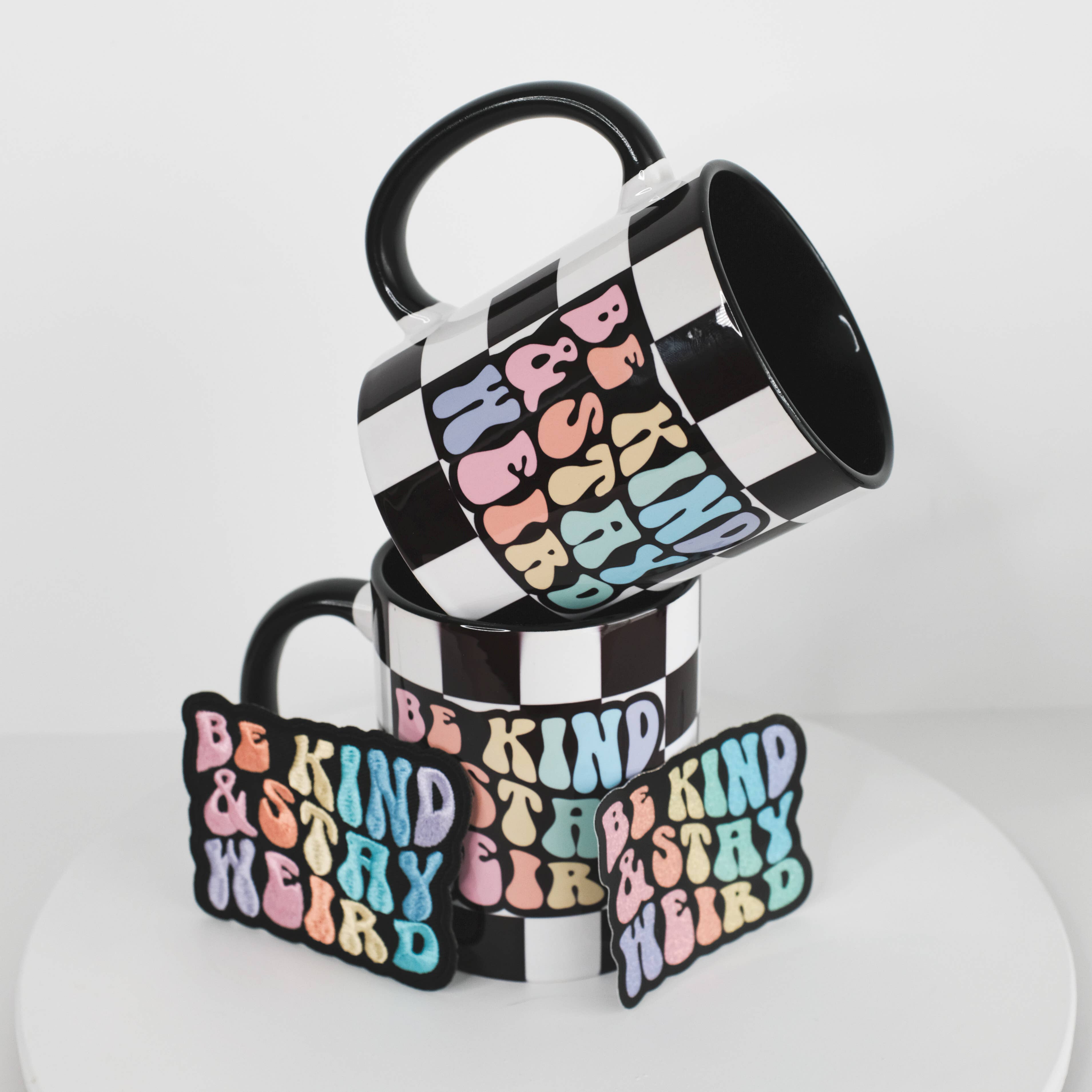Be Kind & Stay Weird Rainbow Checkered Ceramic Mug