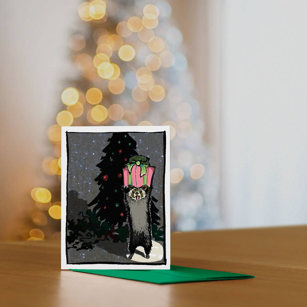 Seasons Thieving – Funny Christmas Raccoon Notecard
