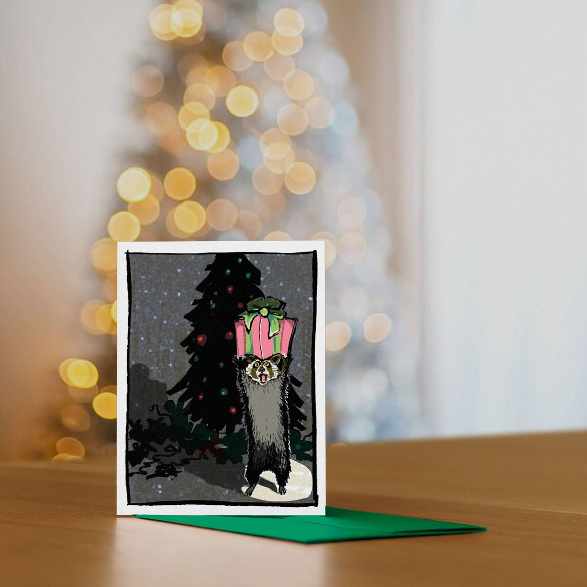 Seasons Thieving – Funny Christmas Raccoon Notecard