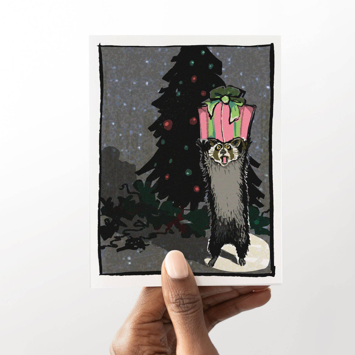 Seasons Thieving – Funny Christmas Raccoon Notecard