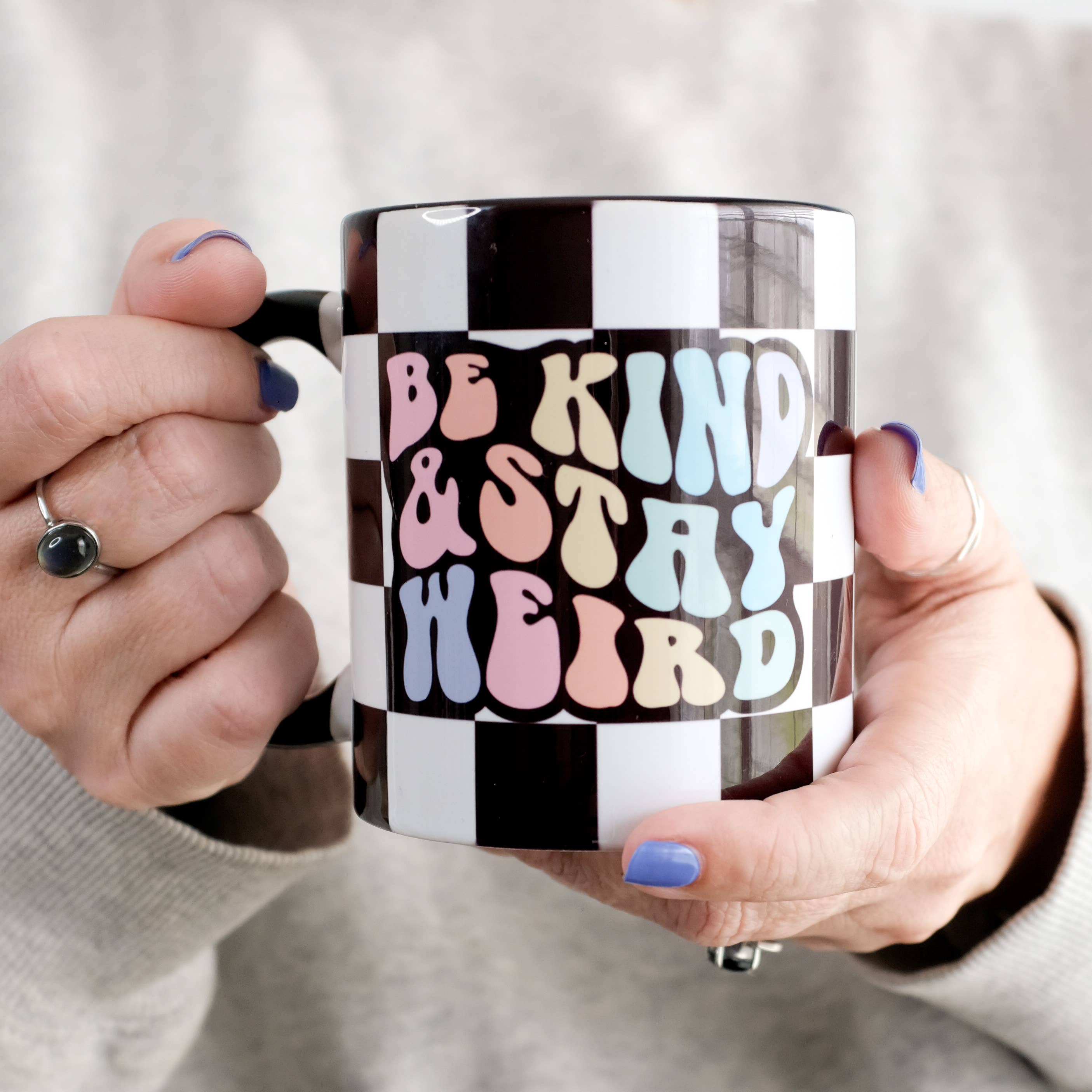 Be Kind & Stay Weird Rainbow Checkered Ceramic Mug