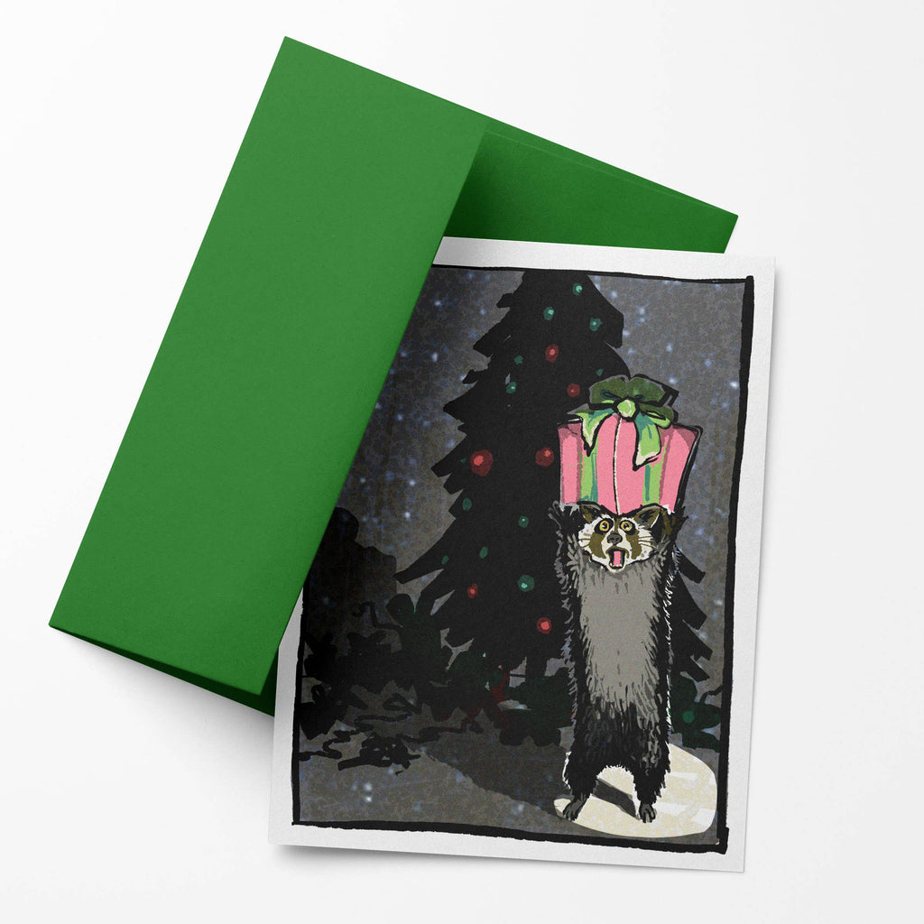 Seasons Thieving – Funny Christmas Raccoon Notecard