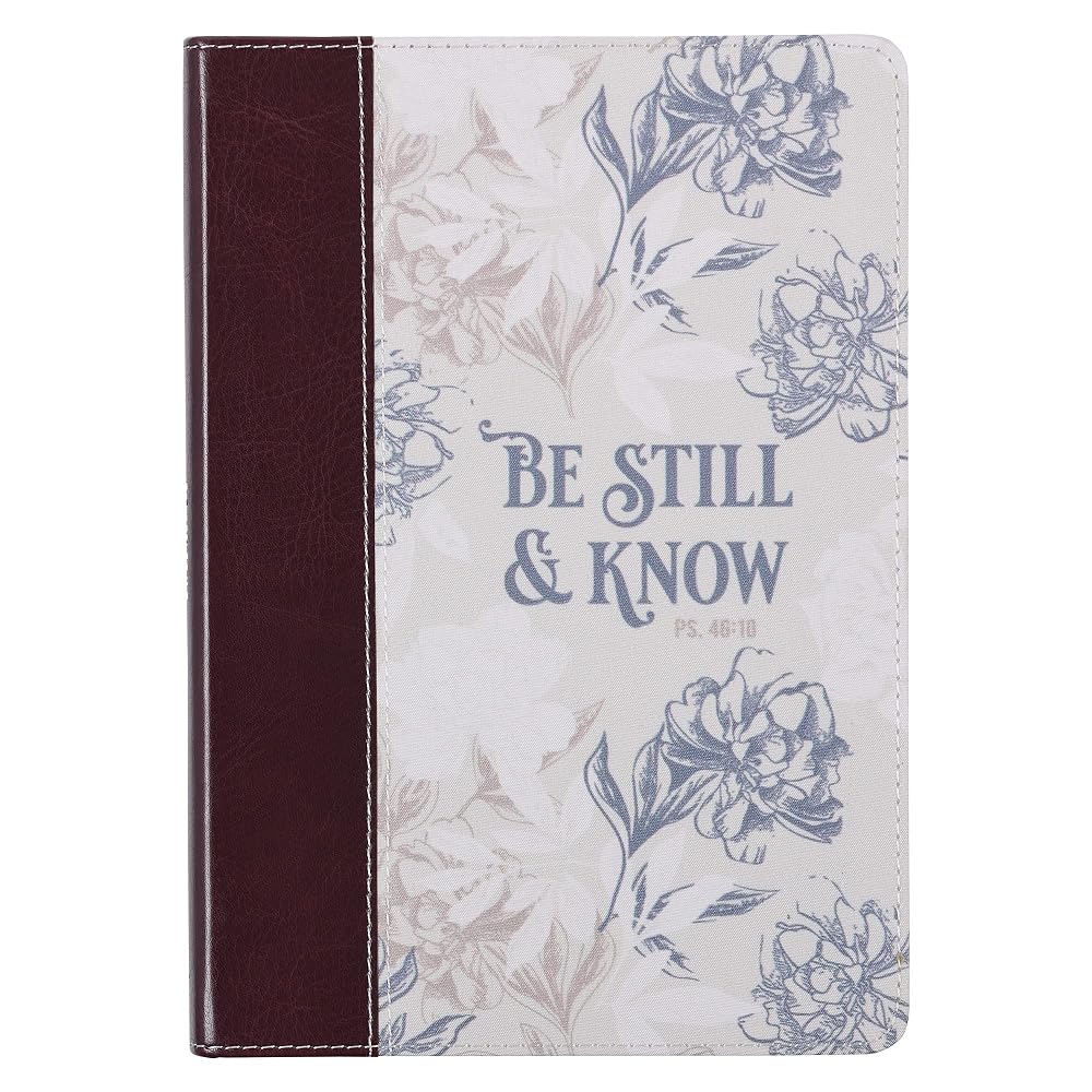 Christian Art Gifts Classic Journal Be Still And Know Psalm 46:10 Floral Inspirational Scripture Notebook, Ribbon Marker, Brown/Navy Faux Leather Flexcover, 336 Ruled Pages cover image