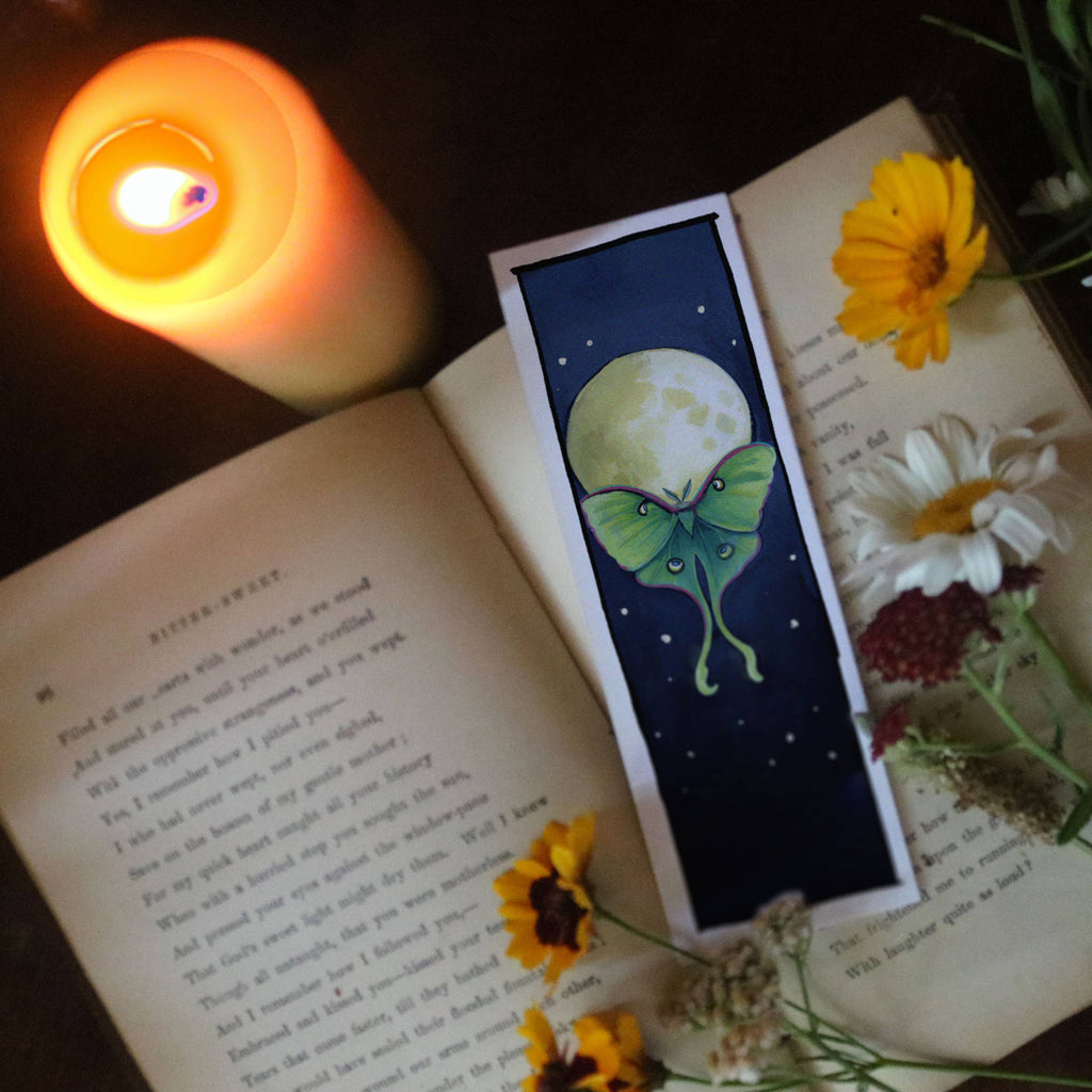 Luna Moth & Moon – Mystical Night Sky 2x6 Fine Art Bookmark