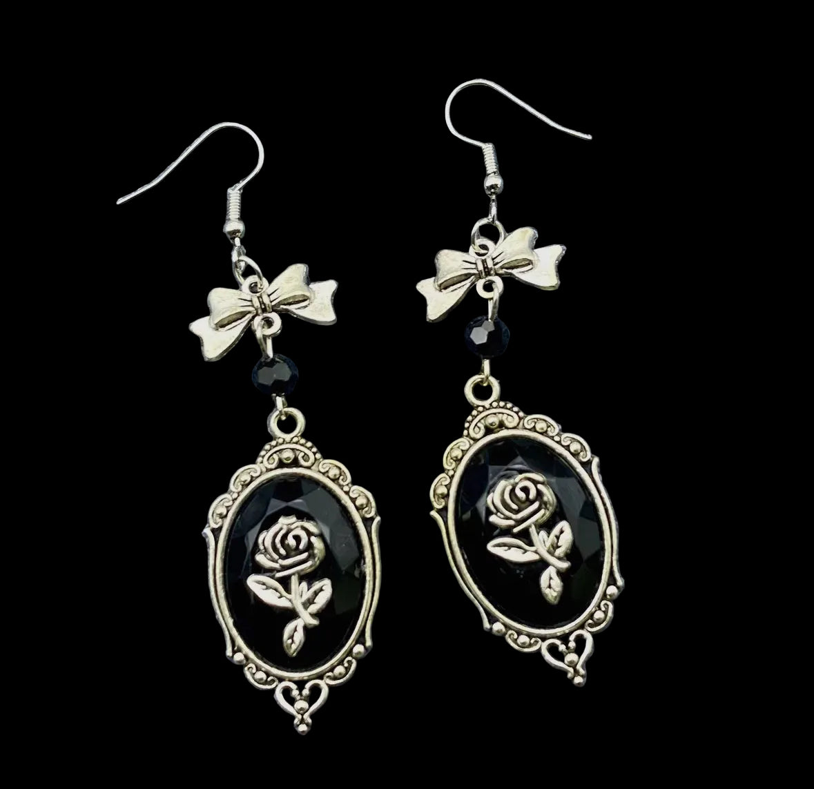 Gothic Bow + Rose Earrings