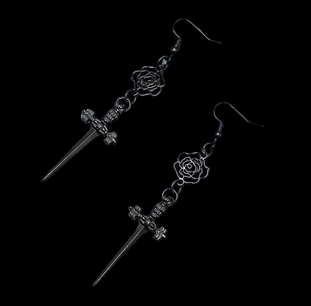 Gothic Black Rose Dagger Earrings