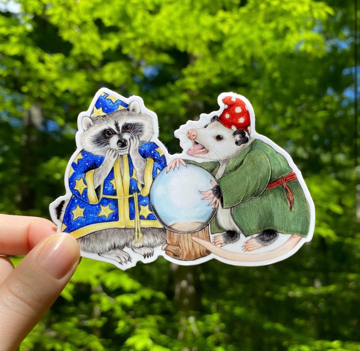 Fortuneteller Opossum and Raccoon Weatherproof Vinyl Sticker