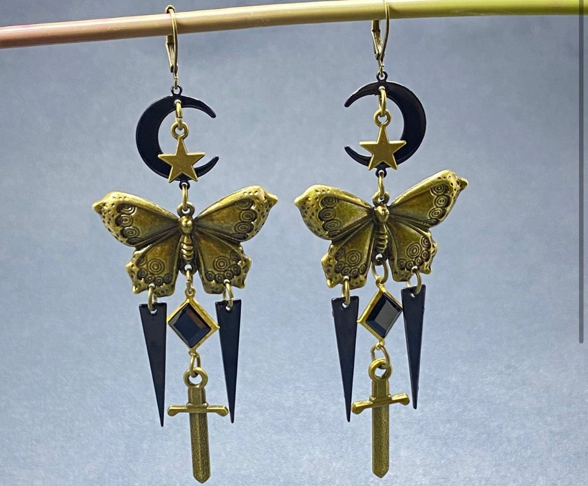 Gothic Style Bronze Butterfly & Sword
Dangle Earrings