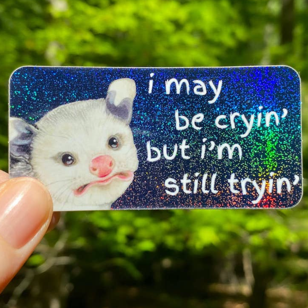 Baby Opossum "I May Be Cryin' But
I'M Still Tryin" Sparkly Rainbow
Sticker