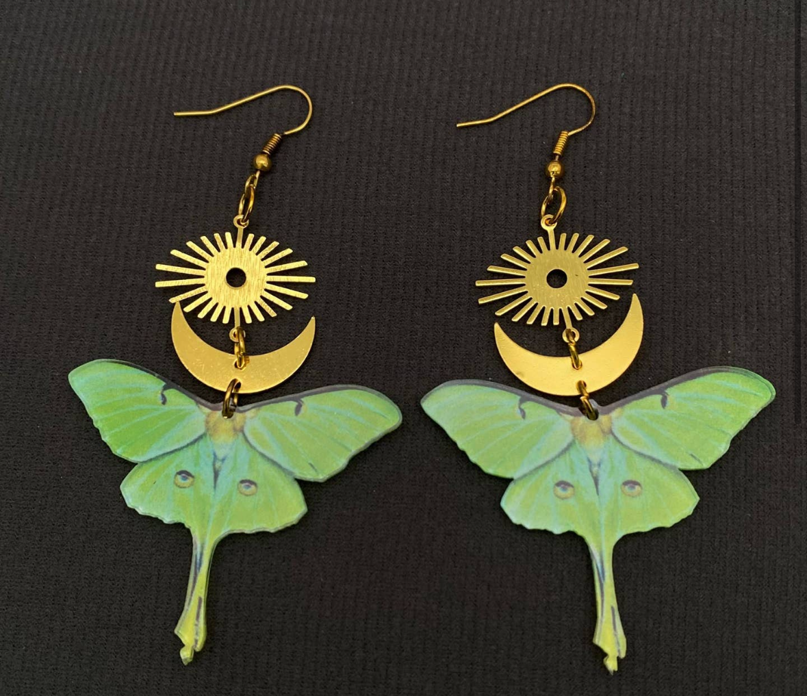 Acrylic Green Moth Gold Plated Moon
Sun Dangle Earrings