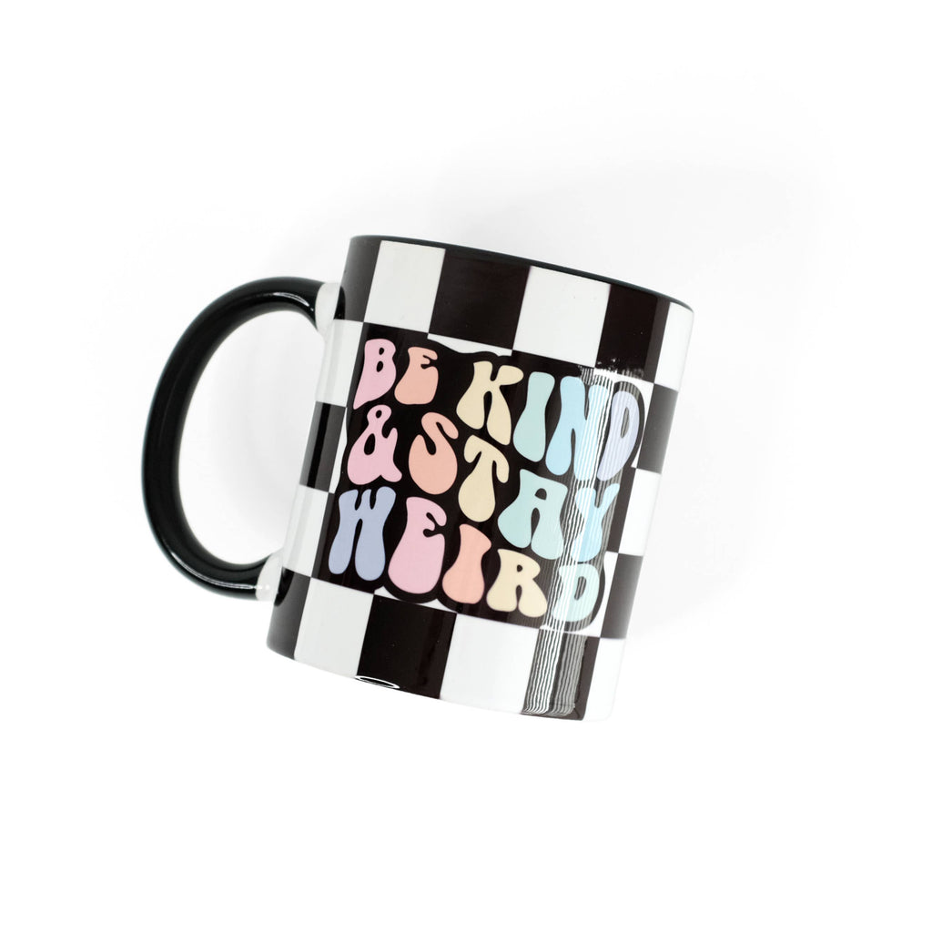 Be Kind & Stay Weird Rainbow Checkered Ceramic Mug