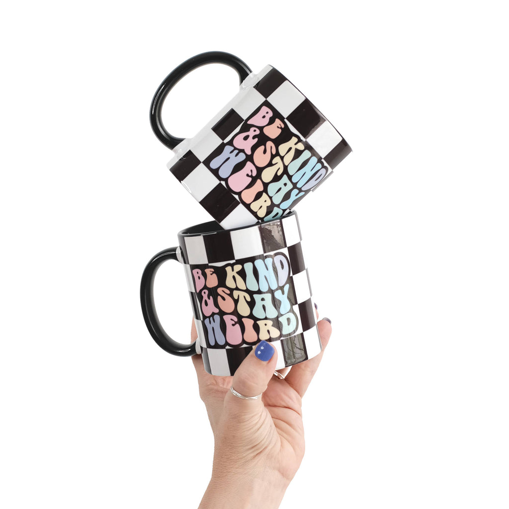 Be Kind & Stay Weird Rainbow Checkered Ceramic Mug