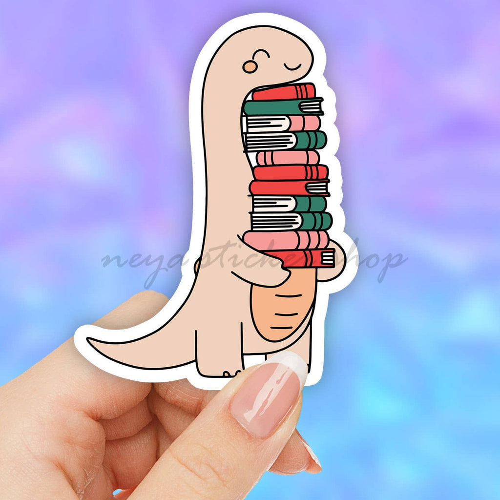 Cute dino carrying books sticker, banned books sticker